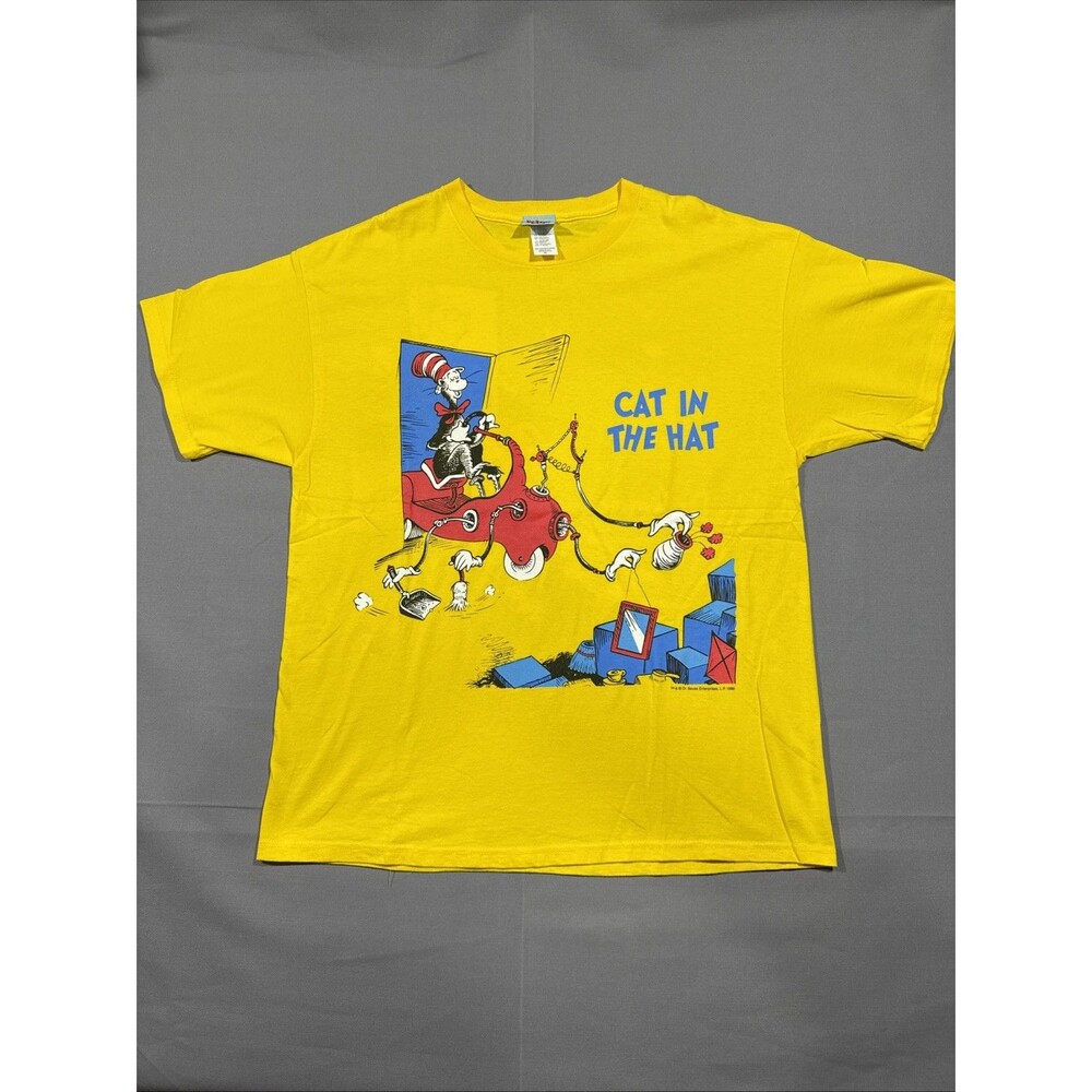 Vintage Dr. Seuss Cat In The Hat Graphic Yellow T-Shirt Mens XL 90s AOP Cartoon
